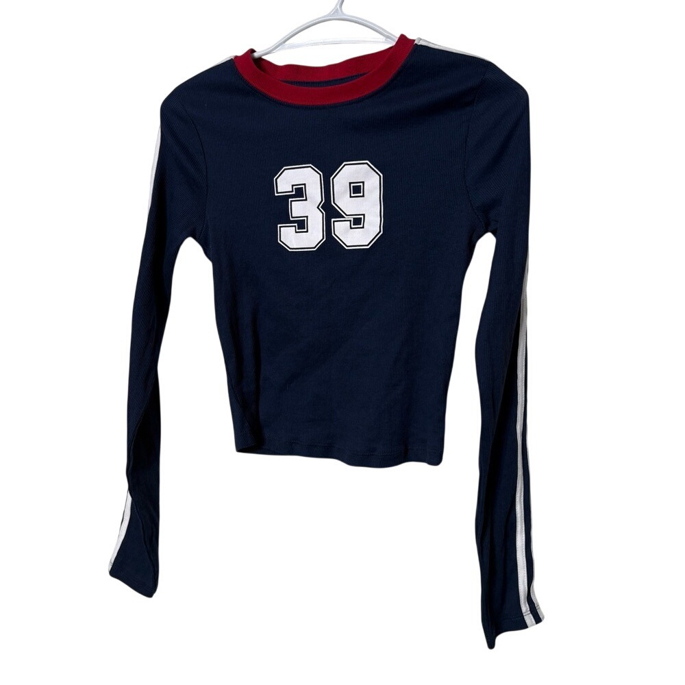Aeropostale Navy Blue‎ Varsity 39 Ribbed Long Sleeve Ringer Crop Top Small